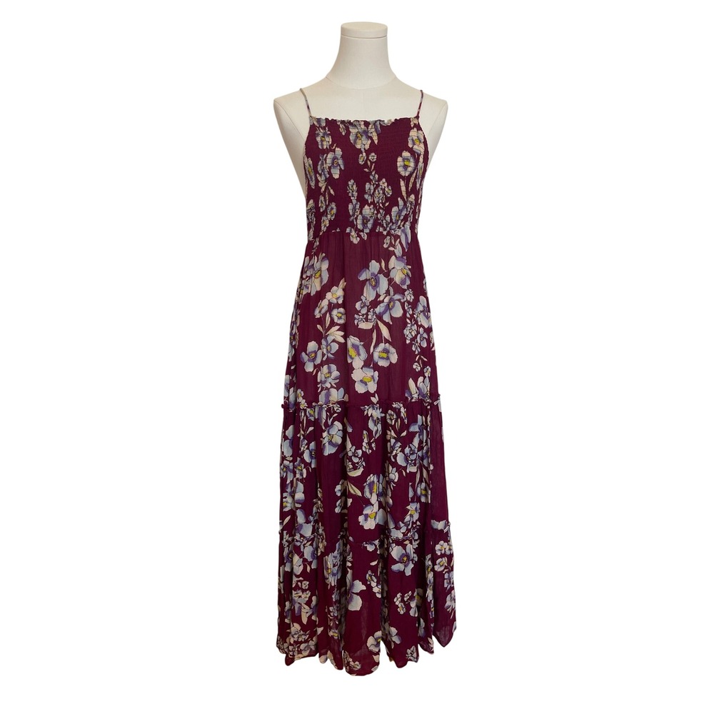 Intimately Free People Smocked Maxi Tiered Floral Burgundy Dress Sheer Tie XS